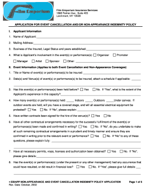 Event Cancellation and Non-Appearance Indemnity Policy Application
