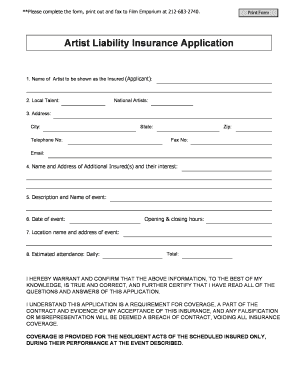 Artist Liability Insurance Application