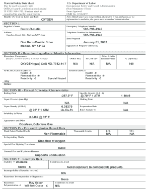 Material Safety Data Sheet for Oxygen