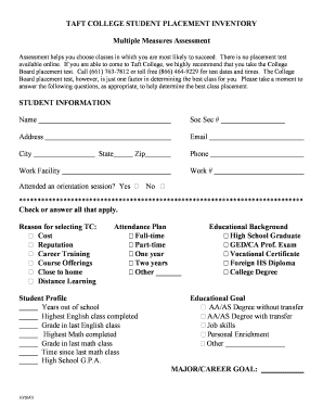 Taft College Student Placement Inventory