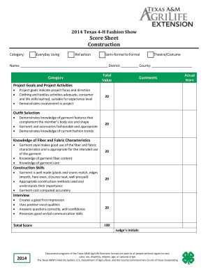 2014 Texas 4-H Fashion Show Score Sheet
