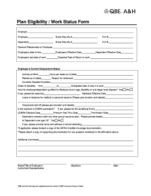 Plan Eligibility Work Status Form