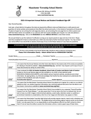 2015-16 Annual Notices and Student Handbook Sign-Off