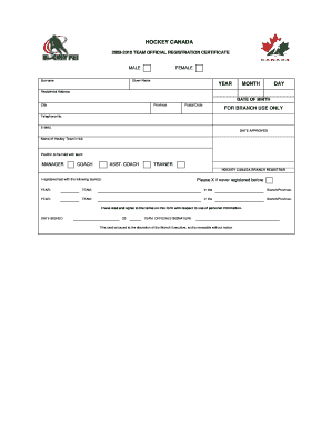 Hockey Canada Team Official Registration Certificate