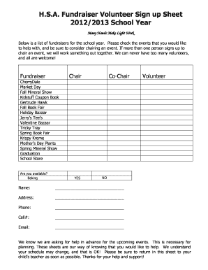 HSA Fundraiser Volunteer Sign up Sheet 20122013 School - fboe