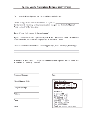 Special Waste Authorized Representative Form