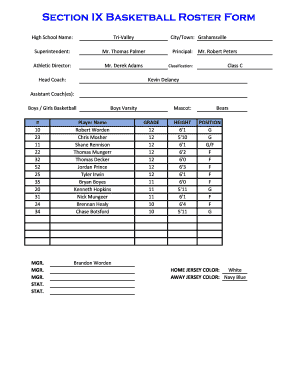 High School Basketball Roster Form