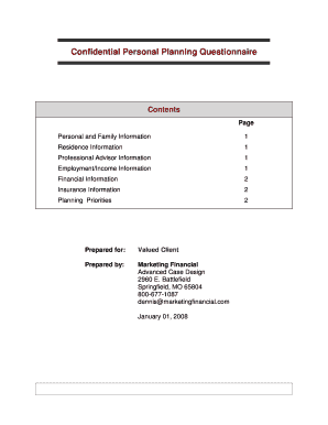 Confidential Personal Planning Questionnaire