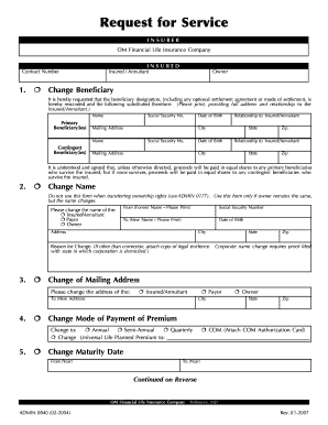 Request for Service - Life Insurance Beneficiary Change