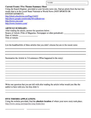 Current Events Five Themes Summary Sheet