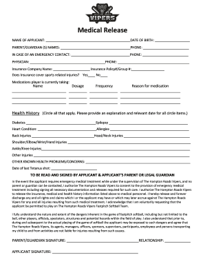 Medical Release Form for Softball Team