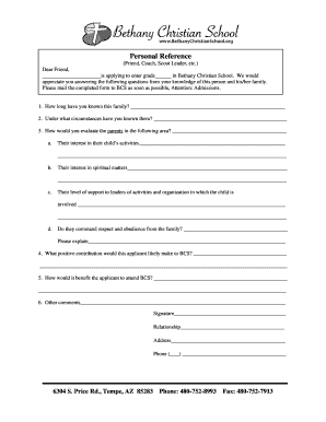 Personal Reference Form for School Admission