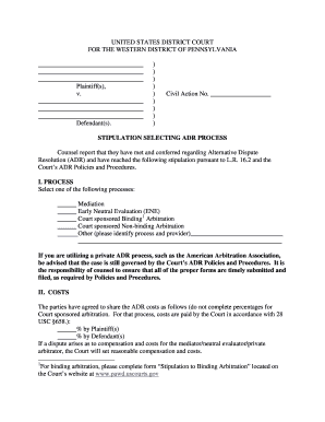 STIPULATION SELECTING ADR PROCESS I PROCESS - pawd uscourts