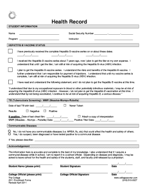 Student Health Record Form