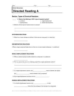 Chemical Reactions Worksheet