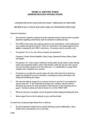 Cord Blood Transplantation Study Medical History Form