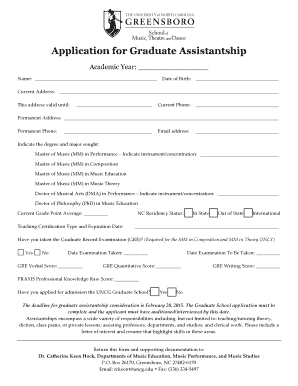 Application for Graduate Assistantship Academic Year: Name: Date of Birth: Current Address: This address valid until: Current Phone: Permanent Address: Permanent Phone: Email address: Indicate the degree and major sought: Master of Music -