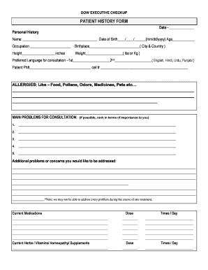 DOW Executive Checkup Patient History Form