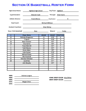 High School Basketball Roster Form