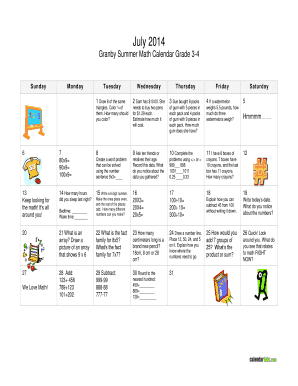 Granby Summer Math Calendar Grade 3-4