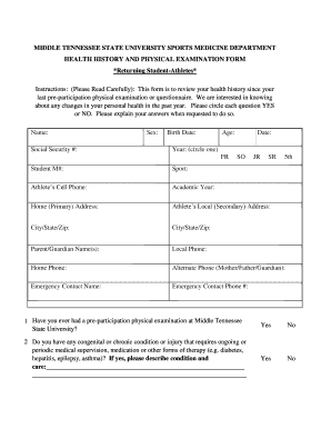 Middle Tennessee State University Sports Medicine Health History Form