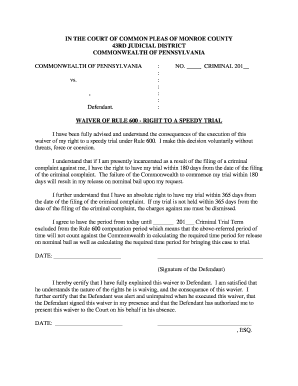Pennsylvania Waiver of Rule 600 - Right to a Speedy Trial