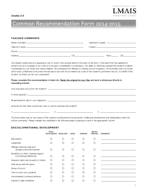 Common Recommendation Form for Grades 2–5