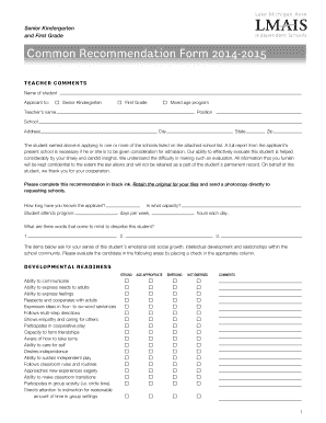 Senior Kindergarten and First Grade Common Recommendation Form