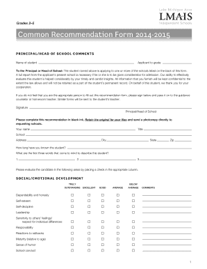 Common Recommendation Form for Grades 2–5