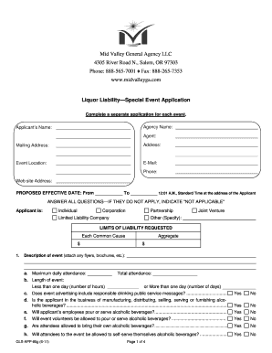Liquor Liability Special Event Application