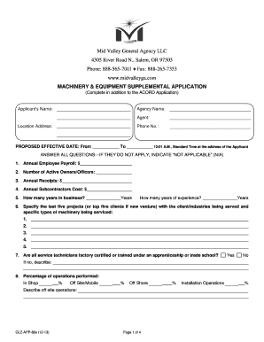 Machinery Equipment Supplemental Application