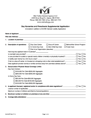 Day Nurseries and Preschools Supplemental Application