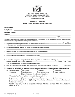 General Liability Additional Insured Questionnaire