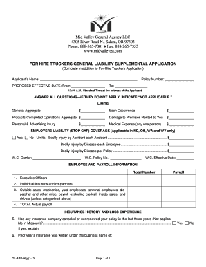 For-Hire Truckers General Liability Supplemental Application