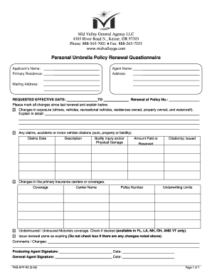 Personal Umbrella Policy Renewal Questionnaire