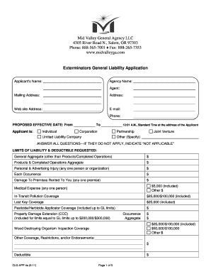 Exterminators General Liability Application