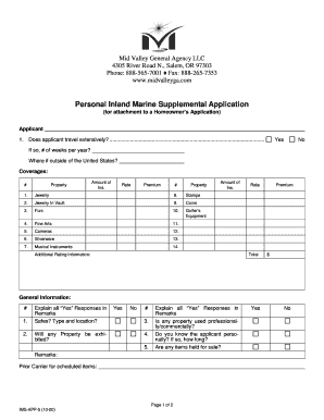 Personal Inland Marine Supplemental Application