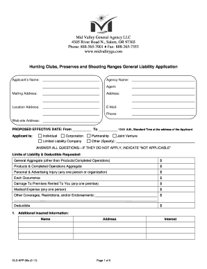 Hunting Clubs General Liability Application