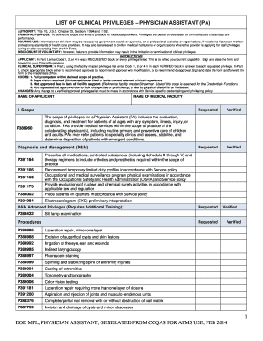 List of Clinical Privileges - Physician Assistant