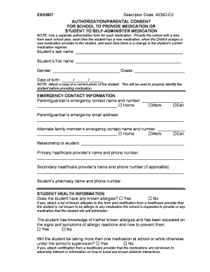 Authorization Parental Consent for School Medication