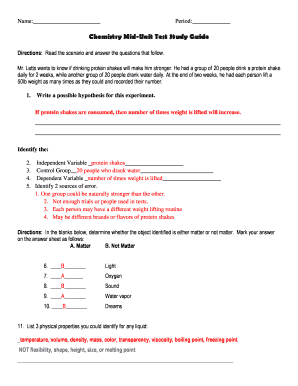 Chemistry Mid-Unit Test Study Guide