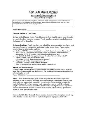 Funeral Mass Planning Sheet