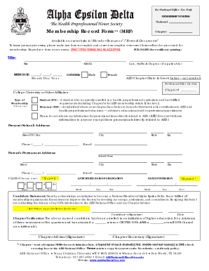 Alpha Epsilon Delta Membership Record Form