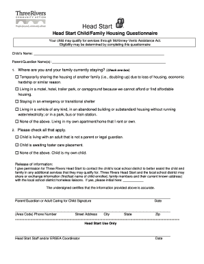 Head Start Child/Family Housing Questionnaire