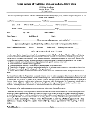 Texas Acupuncture Consent and Medical History Form