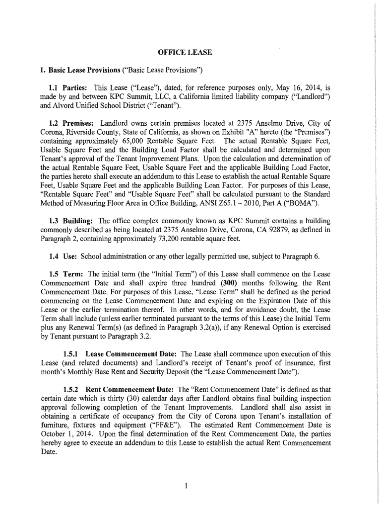 Fillable Online alvordschools OFFICE LEASE Alvord Unified School