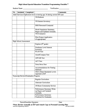High School Special Education Transition Programming Checklist