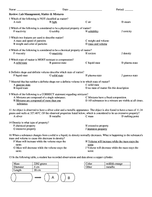 Lab Management and Matter & Mixtures Quiz