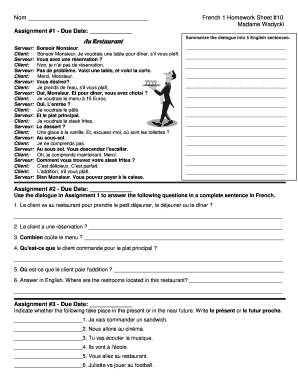 French 1 Homework Sheet #10