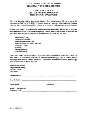 Virginia First Aid and CPR Course Curriculum Form